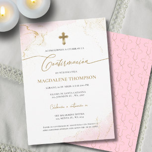 Convite Cruz de Ouro Rosa Confirmação de Menina Confirmaci
