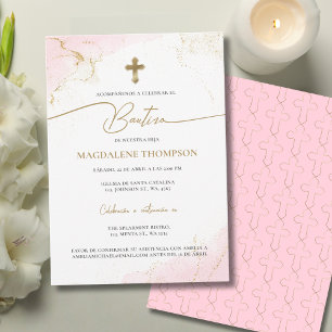 Convite Cruz de Ouro Rosa Moderno para Batizado de Menina 