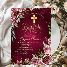 Convite Cruz de Ouro Rosas Bordô Batismo