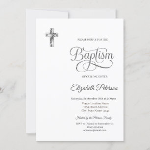 Convite Cruz de Prata Elegante Minimalista Batismo