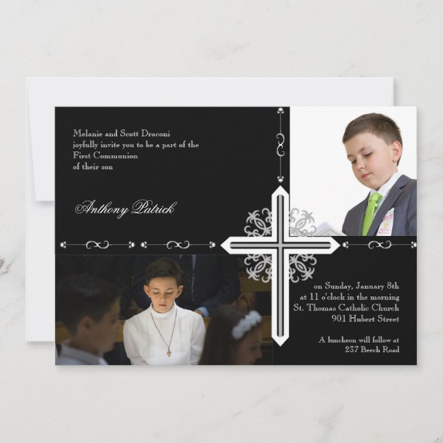 Convite Cruz de Prata na comunhão de Fotos Negra (Frente)