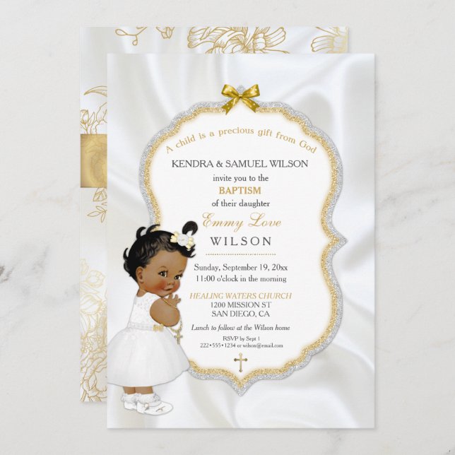 Convite Cruz do ouro do baptismo do bebé do afro-americano (Frente/Verso)