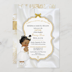 Convite Cruz do ouro do baptismo do bebé do afro-americano
