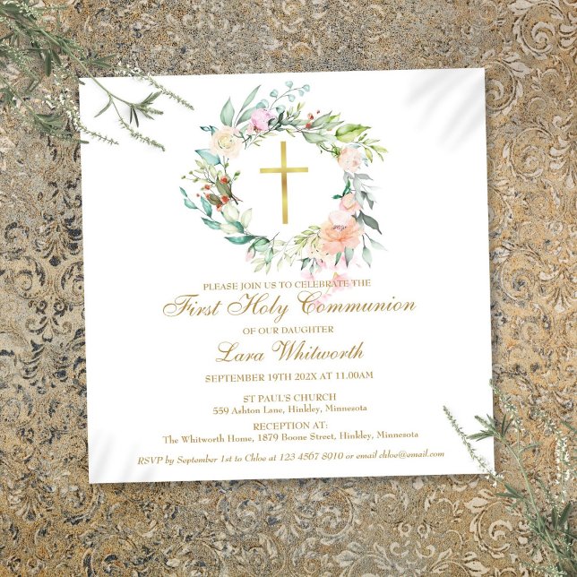 Convite Cruz Dourada Aquarela Floral Primeira Comunhão (Gold Cross Watercolor Floral First Holy Communion Invitation)