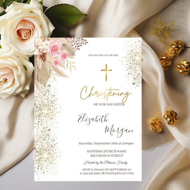 Convite Cruz Dourada Chic Batismo Brilho Dourado Flores Bo (Criador carregado)