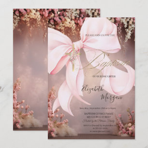Convite Cruz Dourada com Laço Rosa Floral Batismo