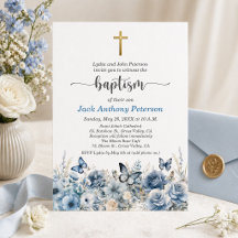 Cruz Dourada Elegante Batismo Floral Azul