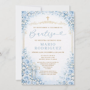 Convite Cruz Dourada Religião Batismo Espanhol Floral Azul