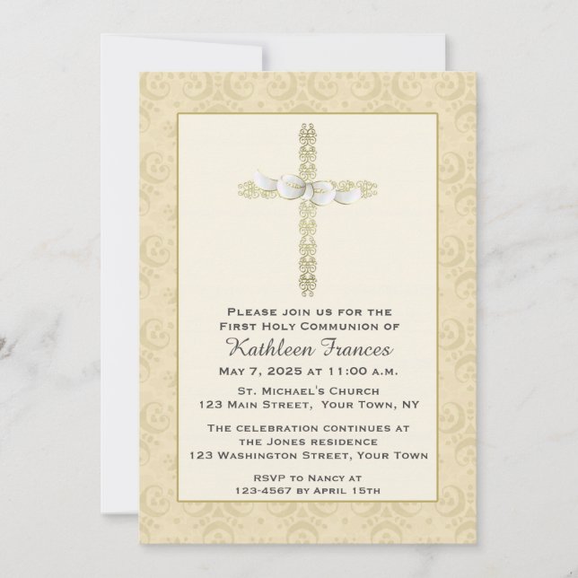 Convite Cruz Dourado ornamentado com o arco, religioso (Frente)