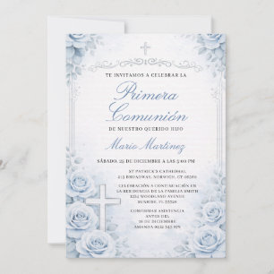 Convite Cruz Espanhol Floral Azul Primera Comunión