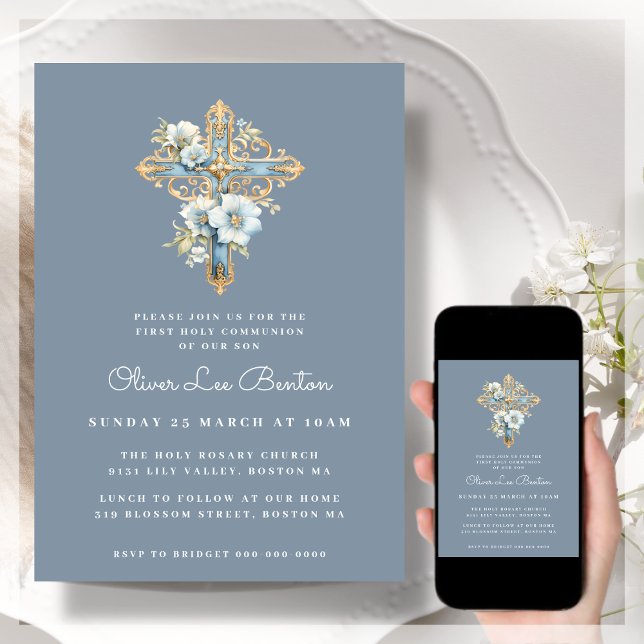 Convite Cruz Floral Azul | Primeira Comunidade Santa (Criador carregado)