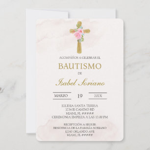 Convite Cruz floral bege batismo espanhol