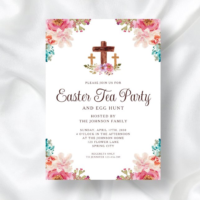 Convite Cruz Floral Elegante Festa do Chá Páscoa (Elegant Floral Cross Tea Party Easter Invitation)