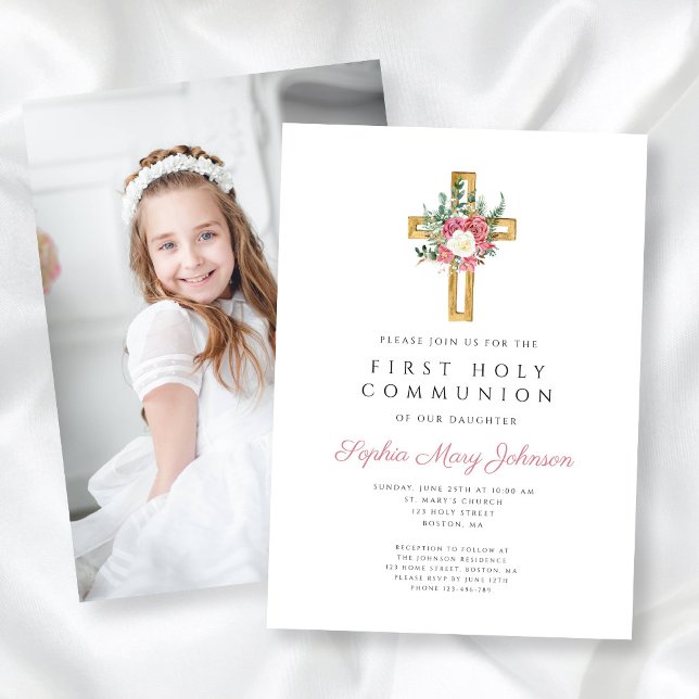 Convite Cruz Floral Elegante Menina Primeira Comunhão Foto (Elegant Floral Cross Girl First Communion Photo Invitation)