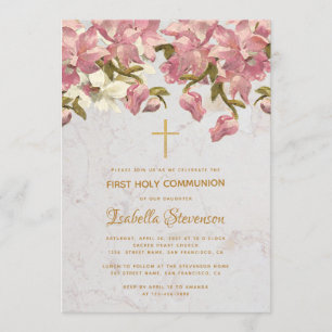 Convite Cruz Floral Orquídeas Rosa Mármore Primeira Comunh