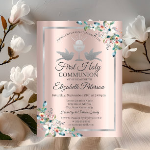 Convite Cruz Floral Rosa Dourado Primeira Comunhão