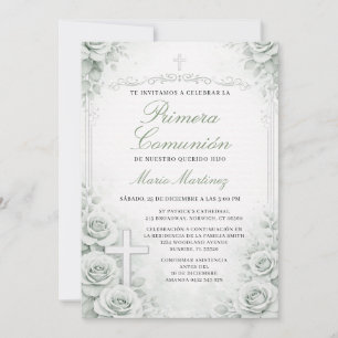 Convite Cruz Floral Verde Suave Primera Comunhão Espanhola
