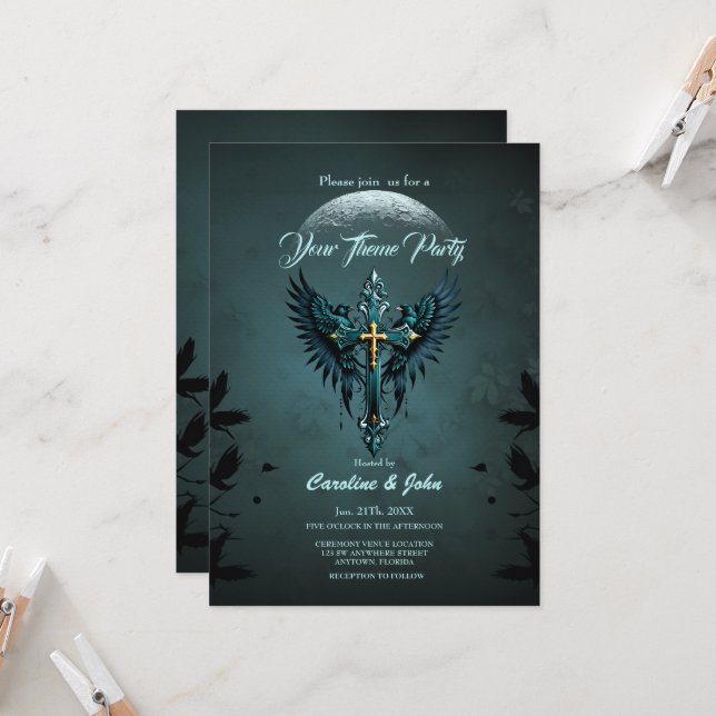 Convite Cruz gótica com elementos decorativos e aves. (Frente/Verso In Situ)