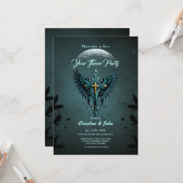 Convite Cruz gótica com elementos decorativos e aves.