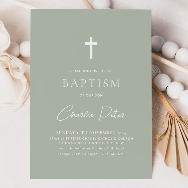 Convite Cruz Moderno Verde Sálvia Menino Batismo e Batizad (Sage Green Boy's Baptism Invitation. Modern Christening Invitation.)