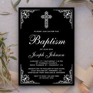 Convite Cruz Ornata Vintage Elegante Batismo