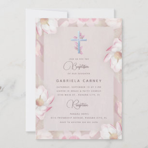 Convite Cruz Prata Batismo Menina Rosa Floral Aquarela