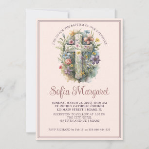 Convite Cruz Religiosa Aquarela Floral Menina Batismo