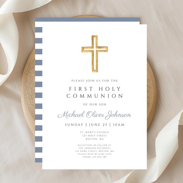 Convite Cruz Religiosa Azul Empoeirada Menino Primeira Com (Dusty Blue Religious Cross Boy First Communion Invitation)