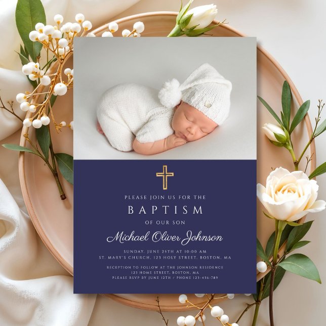 Convite Cruz Religiosa Azul Marinho Foto Menino Batismo (Navy Blue Religious Cross Photo Boy Baptism Invitation)