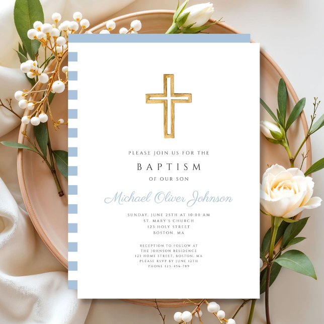 Convite Cruz Religiosa Bebê Azul Script Menino Batismo (Religious Cross Baby Blue Script Boy Baptism Invitation)