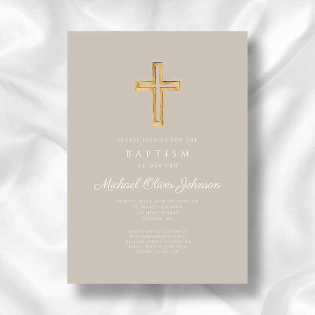 Convite Cruz Religiosa Bege Script Batismo Menino (Religious Cross Taupe Script Boy Baptism Invitation)