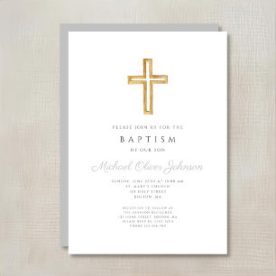 Convite Cruz Religiosa Elegante Cinza Script Menino Batism