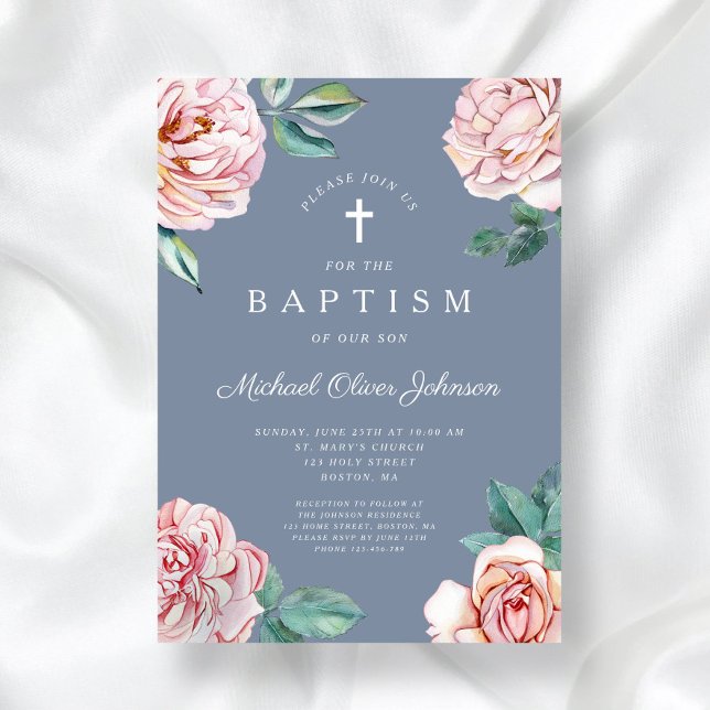 Convite Cruz Religiosa Floral Azul Empoeirado Batismo Meni (Dusty Blue Floral Religious Cross Boy Baptism Invitation)
