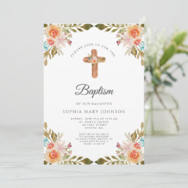 Convite Cruz Religiosa Floral Bonita Menina Batismo 
