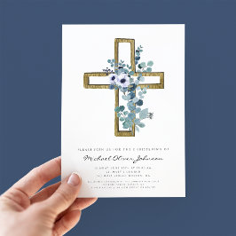 Convite Cruz Religiosa Floral Eucalipto Batismo Menino