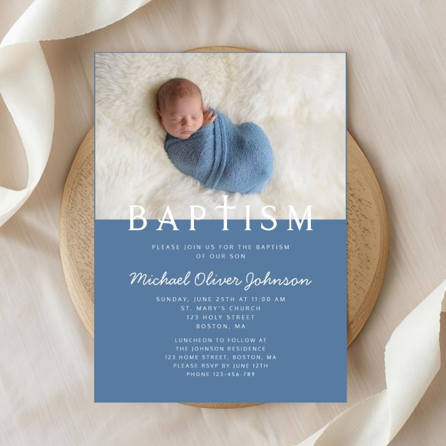 Convite Cruz Religiosa Foto Moderna Batismo Menino Azul (Modern Photo Religious Cross Blue Boy Baptism Invitation)