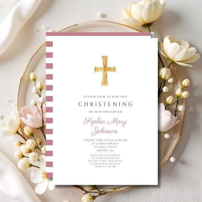 Convite Cruz Religiosa Listras Rosa Menina Batizado      (Religious Cross Pink Stripes Girl Christening Invitation)