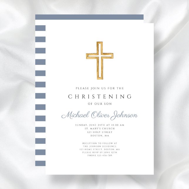 Convite Cruz Religiosa Moderna - Greve Azul (Modern Religious Cross Blue Stripes Christening Invitation)