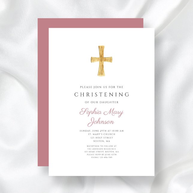 Convite Cruz Religiosa Moderna Listras Rosa Batizado (Modern Religious Cross Pink Stripes Christening Invitation)