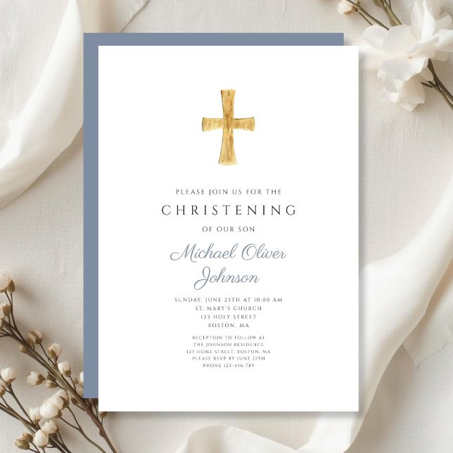 Convite Cruz Religiosa Moderna Pousio Azul Batizado (Modern Religious Cross Dusty Blue Christening Invitation)