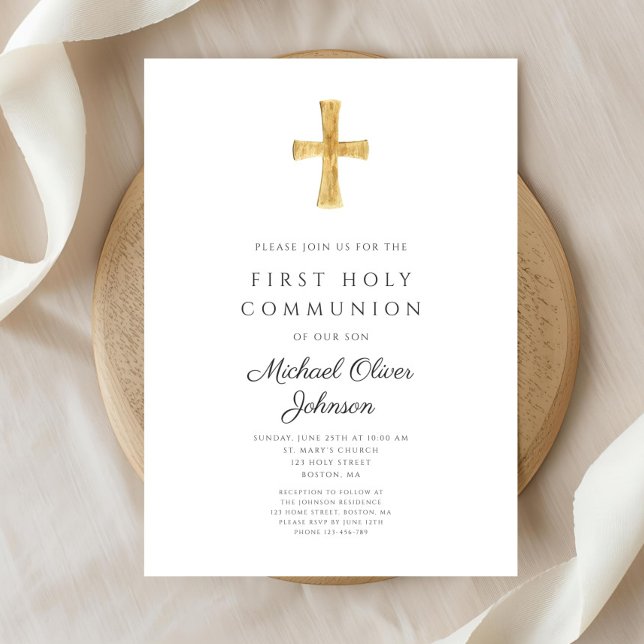 Convite Cruz Religiosa Moderna Primeira Comunhão Solene (Modern Religious Cross First Holy Communion Invitation)