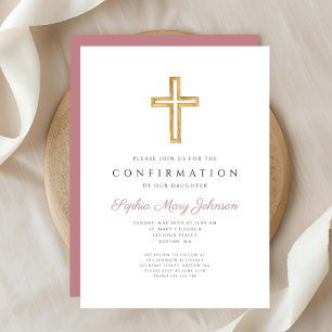 Convite Cruz Religiosa Rosa Elegante Menina Confirmação