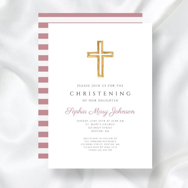 Convite Cruz Religiosa Rosa Moderna Batizado (Modern Pink Religious Cross Christening Invitation)