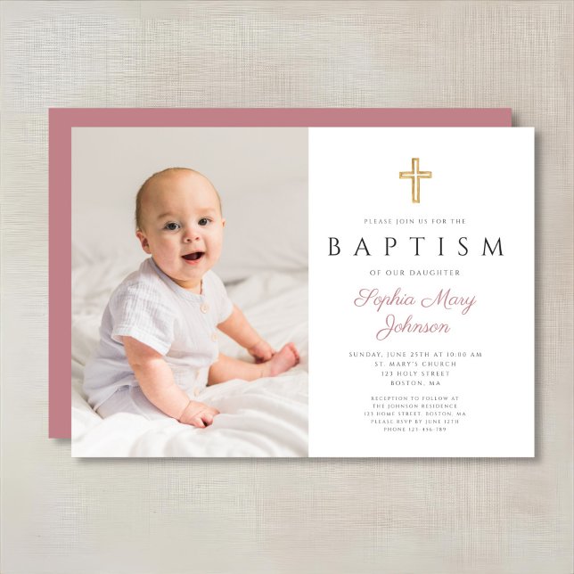 Convite Cruz Religiosa Rosa Moderna Foto de Batismo de Men (Modern Pink Religious Cross Girl Photo Baptism Invitation)