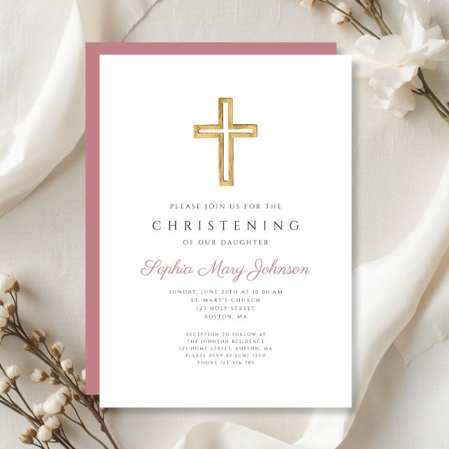 Convite Cruz Religiosa Rosa Moderna Menina Batizado (Modern Pink Religious Cross Girl Christening Invitation)