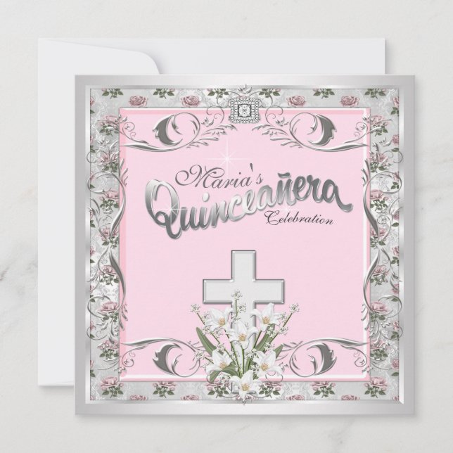 Convite Cruz Rosa Cor-de-Rosa Quinceanera (Frente)