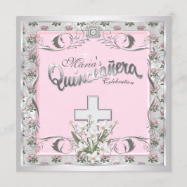 Convite Cruz Rosa Cor-de-Rosa Quinceanera