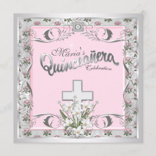 Convite Cruz Rosa Cor-de-Rosa Quinceanera