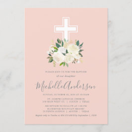 Convite Cruz Rosa Esmagada com Florais de Creme, Batismo M