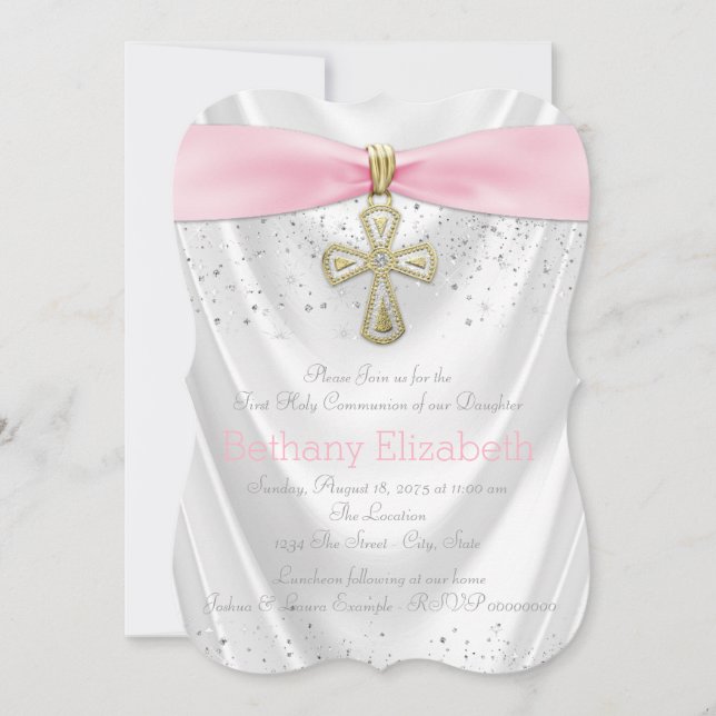 Convite Cruz Rosa Primeira Comunhão Cetim Branco Rosa (Frente)